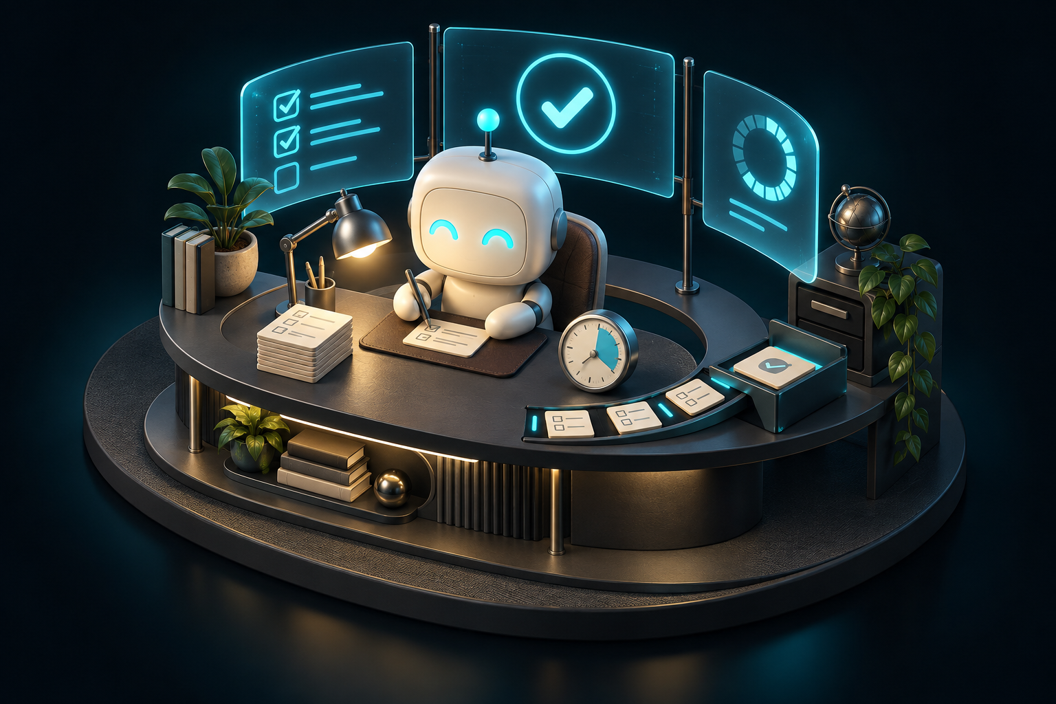 Bob, the cream NISUS coaching robot, at a curved desk with cyan task screens, a timer and a completion tray