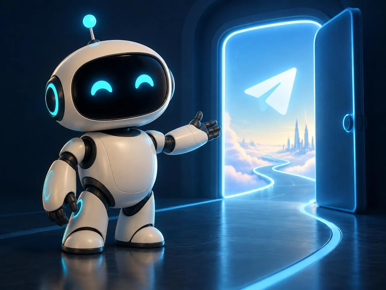 Bob welcomes you toward a glowing Telegram doorway