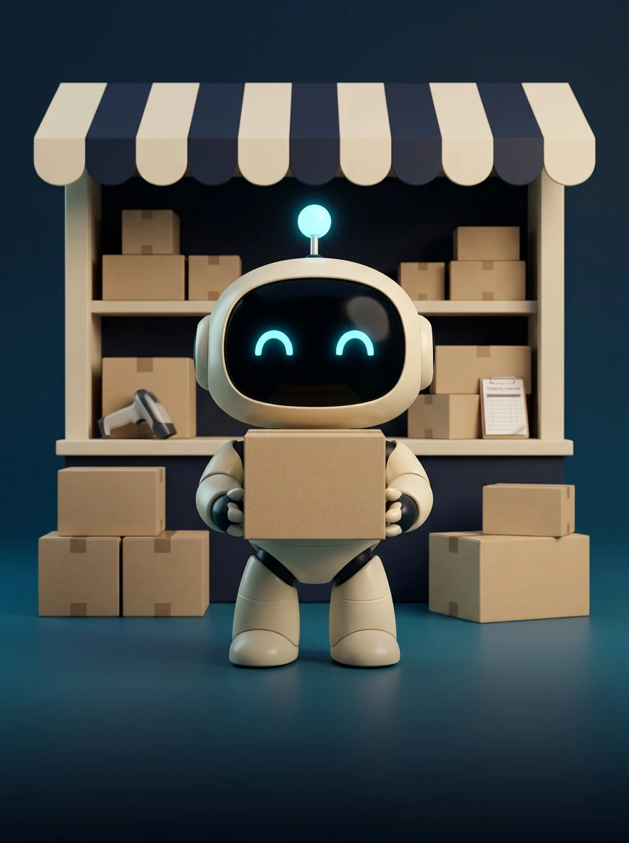 E-commerce Bob carrying a parcel beside a store